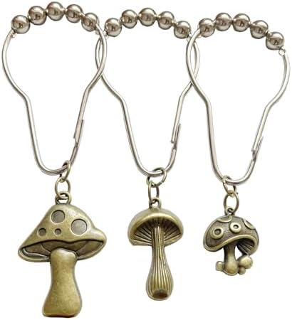 Mushroom Shower Curtain Hooks, 12Pcs Rustproof Metal Cute Retro Mushroom Shower Curtain Hooks Rings for Boho Fairy Forest Country Cottagecore Style Home Bathroom Decor (Bronze)