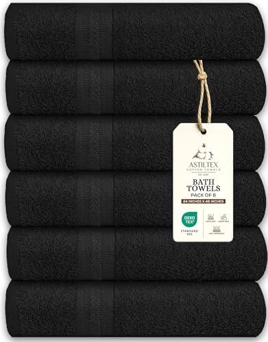 Bath Towels Pack of 6 – 24" x 48" – 100% Cotton Terry, Soft, Quick-Dry & Highly Absorbent – Black Towels for Bathroom, Spa, Gym, Hotel, Pool & Everyday Use