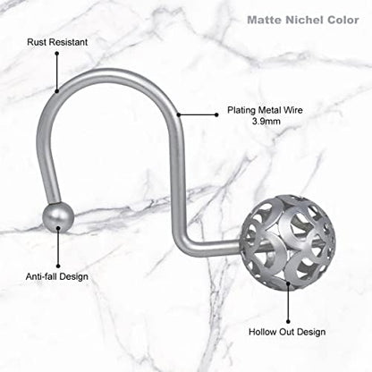 Gracelife 12Pcs Hollow Ball Shower Curtain Hooks Luxury Quality Rustproof Stainless Steel Shower Curtain Rings Hooks for Bathroom Rod (Nickel)