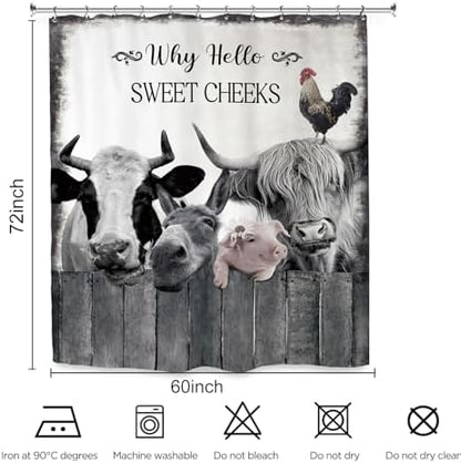 Farmhouse Animal Farm Funny Shower Curtain 60Wx72L Inch Bull Cow Pig Donkey Rustic Country Bathroom Set Accessories Decor Polyester Waterproof with 12 Pack Hooks