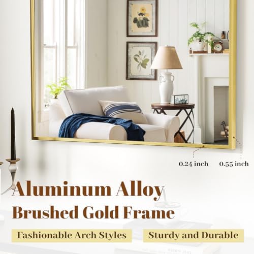 VooBang Wide Arched Wall Mirror, 38 x 40 inch Arch Bathroom Mirror Gold