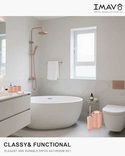 IMAVO Bathroom Accessories Set,Coral Pink Bathroom Set,9 Pieces Bathroom Accessory Set,Tray,Qtip Holders,Toilet Brush,Trash Can for Bathroom Décor and Home Gifts