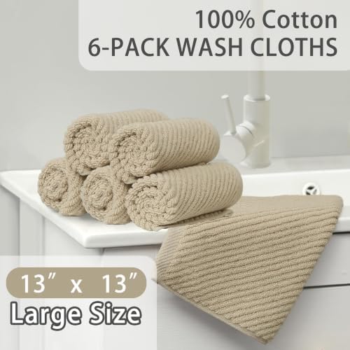 VOOVA & MOVAS Face Cloths 6PC, 100% Cotton, 13x13 in, Dark Tan Beige