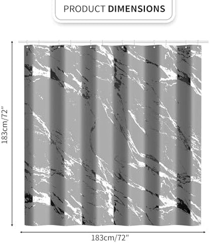 Gray Marble Shower Curtain Set with Silver Metal Hooks, Fabric Shower Curtain for Bathroom, Modern Luxury Bathroom Curtain, Water-Resistant Polyester Bath Curtain, 72 x 72 Inches