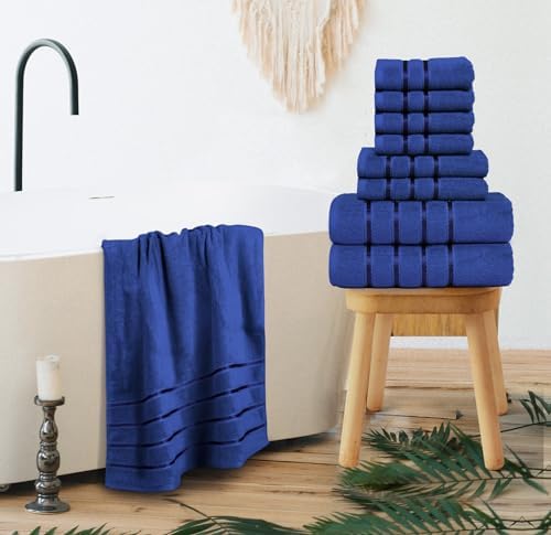 Luxury Towels for Bathroom Set of 8-2 Bath Towels 2 Hand Towels 4 Washcloths - 600 GSM 100% Cotton Ring Spun Viscose Border Towels Set - Royal Blue