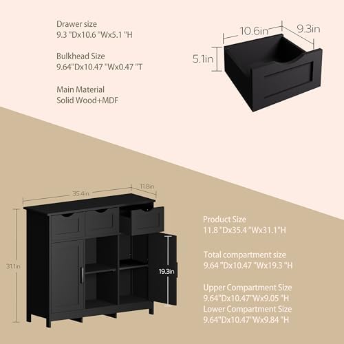 Sideboard Floor Storage Cabinet - Wooden Storage Organizer with 2 Doors and 3 Drawers, Free Standing Accent Buffet Cabinet with Adjustable Shelves for Living Room, Kitchen, Bathroom (Black)