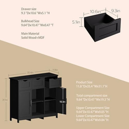 Sideboard Floor Storage Cabinet - Wooden Storage Organizer with 2 Doors and 3 Drawers, Free Standing Accent Buffet Cabinet with Adjustable Shelves for Living Room, Kitchen, Bathroom (Black)