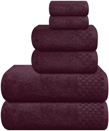 MyOwn Premium Cotton 6 Pack Towel Set for Bathroom, Contains 2 Bath Towels 28x55 inch, 2 Hand Towels 16x24 inch & 2 Wash Coths 12x12 inch, Ideal Everyday use, Compact & Lightweight - Burgundy