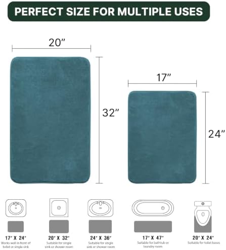 H.VERSAILTEX Bath Mat Memory Foam Set Bathroom Rug Set Flannel Velvety Bath Mat Luxury Extra Soft and Absorbent Non Slip Rugs for Bathroom/Bedroom Washable(2 Pack- 20"x 32"/ 17"x 24", Dark Teal)