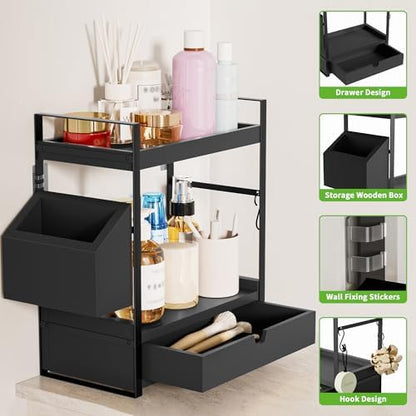 2-Tier Bathroom Counter Organizer, Wooden Vanity Shelf with Drawer & Basket