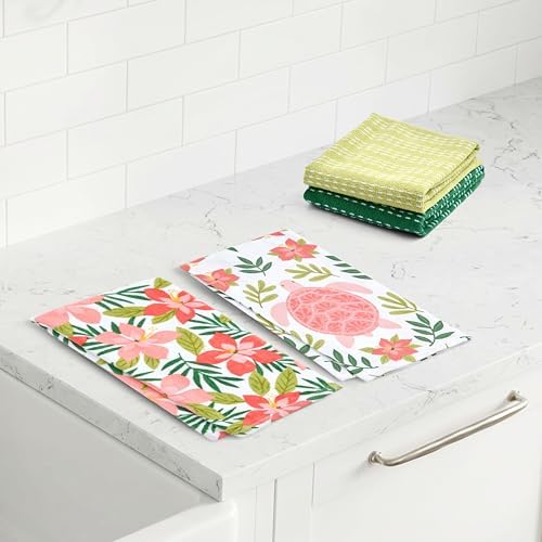 Ritz 4-Piece Kitchen Towel Set, Turtle Foliage & Hibiscus Floral Prints with Pine & Lime Green Textured Terry, 100% Cotton & Absorbent Cotton Blend, 16" x 26", Tropical Coastal Kitchen Decor