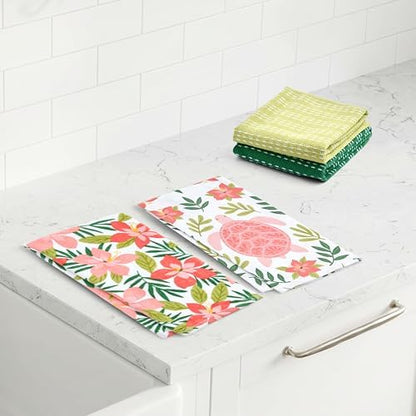 Ritz 4-Piece Kitchen Towel Set, Turtle Foliage & Hibiscus Floral Prints with Pine & Lime Green Textured Terry, 100% Cotton & Absorbent Cotton Blend, 16" x 26", Tropical Coastal Kitchen Decor