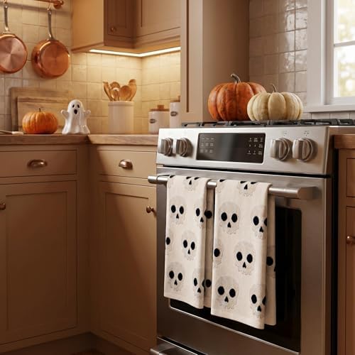 2 Pack Halloween Hand Towels 100% Cotton Jacquard Skeleton Halloween Kitchen Towels White Bathroom Towels Set Seasonal Bathroom Decor(Beige Skeleton, Halloween)