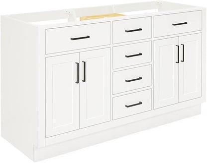 ARIEL Hepburn 60-inch Bathroom Vanity Base Cabinet,Solid Wood, 4 Soft Closing Doors, 6 Dovetail Drawers, White