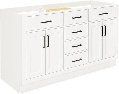 ARIEL Hepburn 60-inch Bathroom Vanity with Sink,Solid Wood, 1.5-inch Carbon Black Quartz Countertop, Double Rectangular Porcelain Sink, Soft Closing Doors, Dovetail Drawers, White