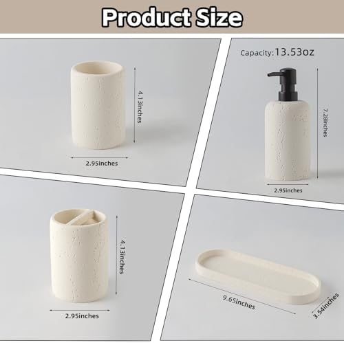 Bathroom Accessories Set,4 PCS Travertine Stone Look Collection,Cream