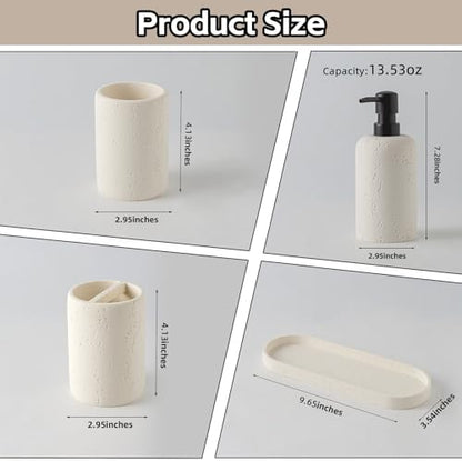 Bathroom Accessories Set,4 PCS Travertine Stone Look Collection,Cream