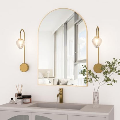 Wall Mounted Mirror, Arched Wall Mirror for Bathroom, 24"x36" Arch Bathroom Mirror with Metal Frame, Gold Vanity Mirror Decor for Mantle, Bedroom, Entryway, Living Room