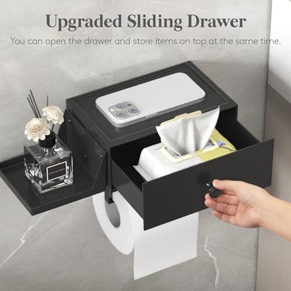 Lifewit Toilet Paper Holder Wall Mount with Shelf & Drawer, Black, 2 Pack