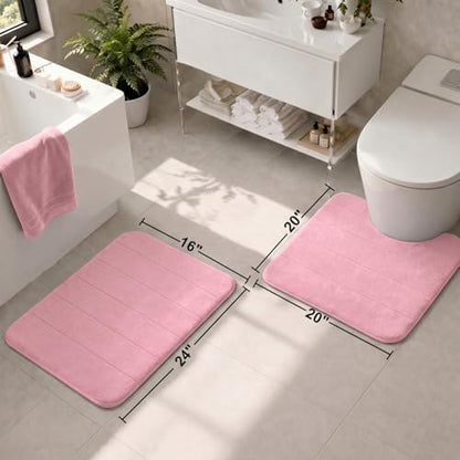 2 Piece Memory Foam Bath Mat Set, Extra Soft Absorbent Bathroom Rugs with U-Shaped Toilet Rug, Non-Slip Backing, Machine Washable, 24x16 + 20x20 U-Shaped, Pink