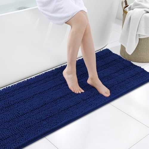Grandaily Chenille Striped Bathroom Rugs 47x20, Extra Thick and Soft Absorbent Bath Mats, Rubber Backing, Plush Shaggy Shower Carpet, Machine Wash Dry, Bath Rug for Bathroom, Navy Blue