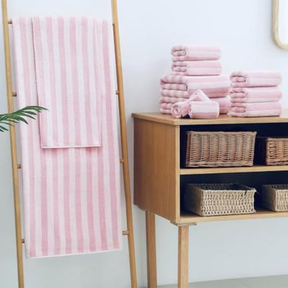 18 Pcs Pink Cabana Stripe Bath Towel Set with Hanging Loop-6 Bath Towels,6 Hand Towels,6 Washcloths Family Towels Soft Microfiber Highly Absorbent Quick Dry Shower Towel for Bathroom Beach Spa Gym