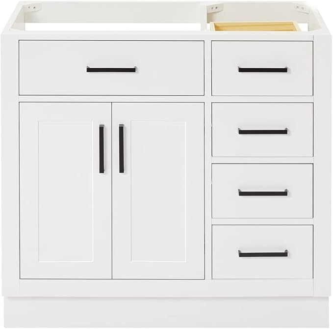 ARIEL Hepburn 36-inch Bathroom Vanity Base Cabinet,Solid Wood, 2 Soft Closing Doors, 5 Dovetail Drawers, White
