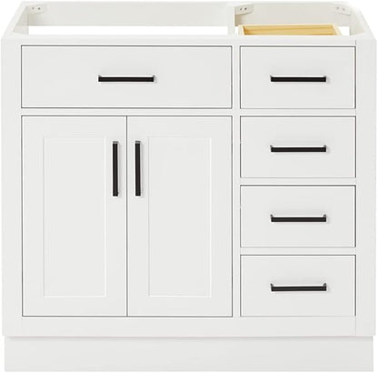 ARIEL Hepburn 36-inch Bathroom Vanity Base Cabinet,Solid Wood, 2 Soft Closing Doors, 5 Dovetail Drawers, White