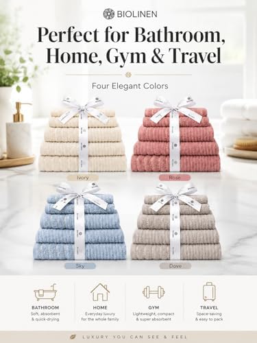 BIOLINEN Sky 6 Piece Towel Set, 2 Bath Towels 2 Hand Towels 2 Washcloths, 100% Cotton Soft Absorbent Towel Sets for Bathroom Home Gym Spa Travel