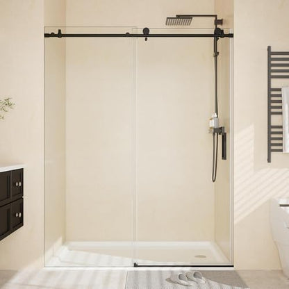 Frameless Shower Doors 44-48”W×76”H, Sliding Glass Shower Door with Round Stainless Steel Track, 8mm Tempered Glass, Quiet Rollers, Matte Black