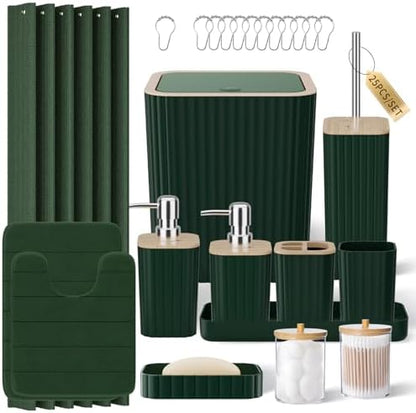 XLHOMO Bathroom Accessories Set - 25PC Green Bathroom Set, Bathroom Set with Shower Curtain and Rugs, Green Shower Curtain Set, Toilet Brush, Bathroom Trash Can