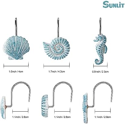 Sunlit Seashells Decorative Shower Curtain Hooks, Aqua Blue Ocean Creatures Coastal Shower Curtain Rings, Resin, Nautical Bathroom Decoration Beach Hooks-12 Pack