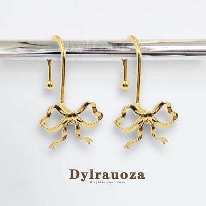 Gold Bow Shower Curtain Hooks, 12 Pack Coquette Bathroom Decor, Decorative Metal Rust Proof Shower Curtain Rings for Feminine, Vintage & Luxury Bathroom Aesthetic