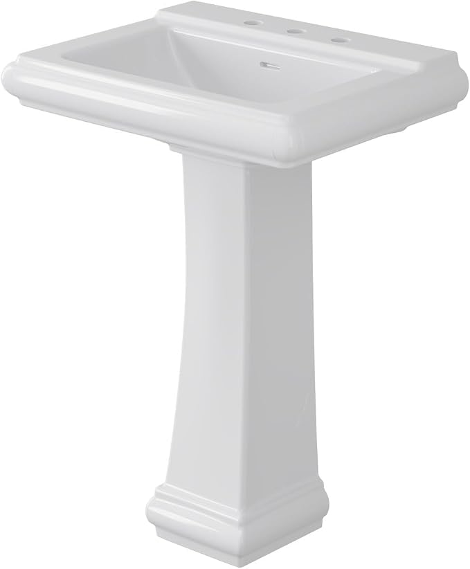 Pedestal Sink Square Ceramic Basin with 8 inch 3-Hole Installation, Spacious Bathroom Sink for Home Vanity Projects, Elegant Pedestal Style for Bathroom Remodels