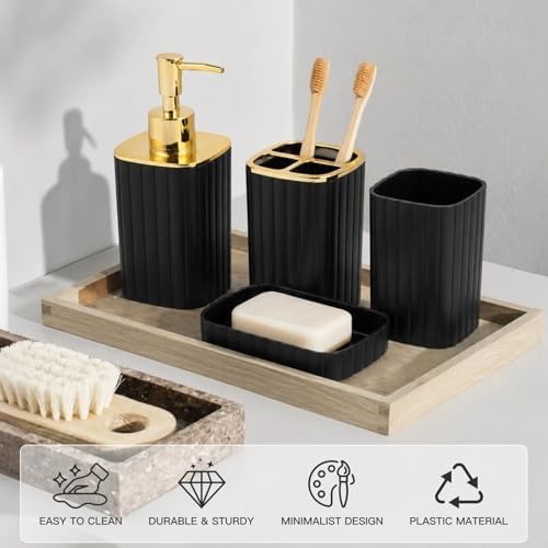 RRM Bathroom Accessories Set 4 Piece, Black and Gold Bathroom Set