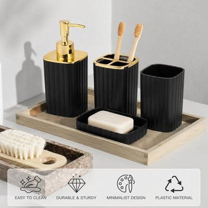RRM Bathroom Accessories Set 4 Piece, Black and Gold Bathroom Set