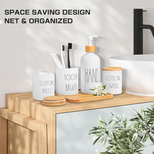White Bathroom Accessories, 5 Pcs Glass Bathroom Accessory Set with Bamboo Tray, Soap Dispenser and Toothbrush Holder Set, Qtip and Cotton Ball Holder, Farmhouse Boho Bathroom Set Complete