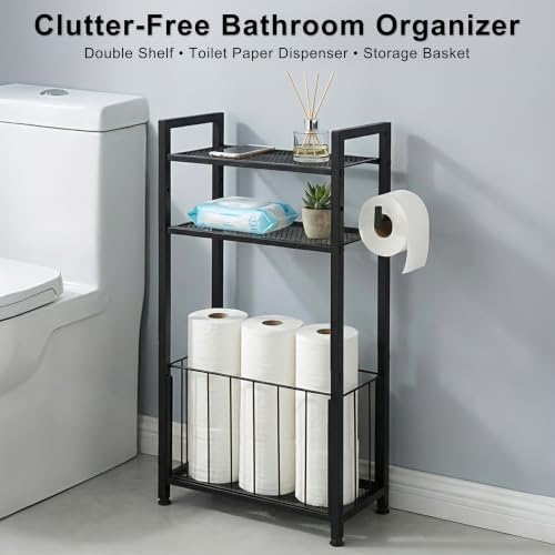 Black Free Standing Toilet Paper Holder Stand with Shelf and Roll Storage