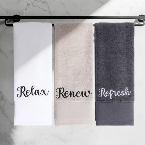 Tiamon 3 Pcs Bathroom Towel Decorative Set 100% Cotton Fluffy Bath Hand Towels for Guest Gifts Farmhouse Kitchen Hand Towels Home(Black, White, Gray,30 x 13 Inch,Relax Renew Refresh)