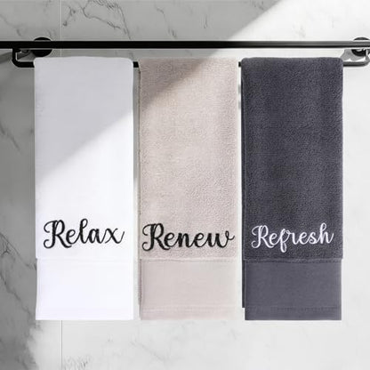 Tiamon 3 Pcs Bathroom Towel Decorative Set 100% Cotton Fluffy Bath Hand Towels for Guest Gifts Farmhouse Kitchen Hand Towels Home(Black, White, Gray,30 x 13 Inch,Relax Renew Refresh)
