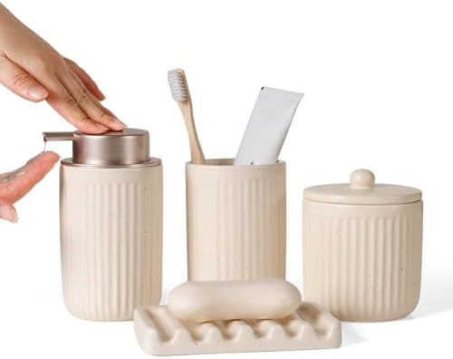 BosilunLife Striped Apricot Ceramic Bathroom Accessories Set of 4