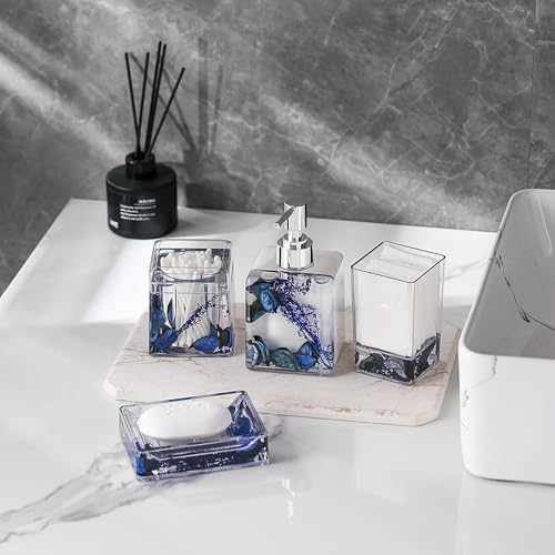 Blue Clear Bathroom Accessories Set,4PCS Flower Acrylic Bathroom Accessory Sets Complete, Lotion Soap Dispenser, Tumbler, Qtip Holder, Soap Dish, Modern Bathroom Décor Set, Gift for Home