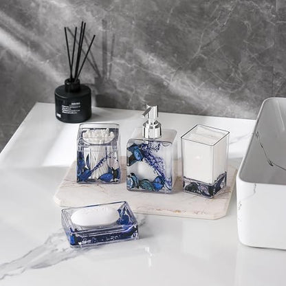 Blue Clear Bathroom Accessories Set,4PCS Flower Acrylic Bathroom Accessory Sets Complete, Lotion Soap Dispenser, Tumbler, Qtip Holder, Soap Dish, Modern Bathroom Décor Set, Gift for Home