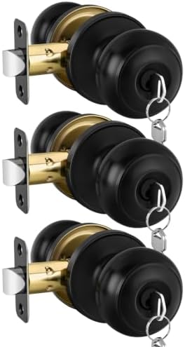 Haidms 3 Pack Matte Black Door Knobs with Lock and Key, Keyed Alike Keyed Entry Door Knobs Exterior, Black Doorknobs for Bedroom