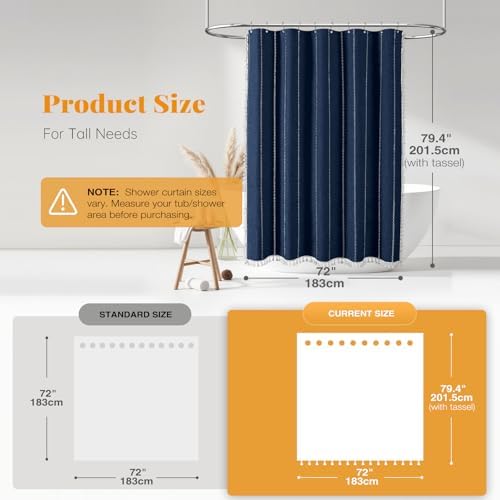 BTTN 72x78 Long Boho Farmhouse Linen Heavy Duty Shower Curtain, Navy Blue