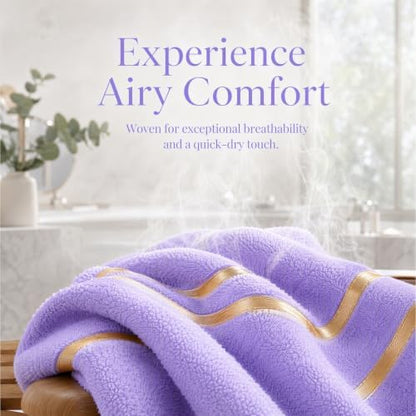 6-PCS Coral Fleece Microfiber Towel Set with Gold Stripes, Super Absorbent, Multiple Colors Available for Home, Bathroom, Hotel & Gym (6, Purple)