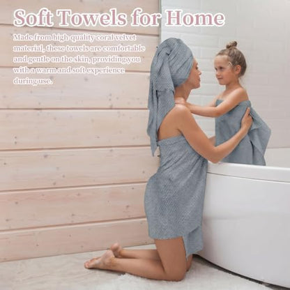 24 Pcs Towels Set 6 Bath Sheets 6 Washcloths and 12 Hand Towels, Reusable Absorbent Quick Dry Coral Velvet Towel for Shower Bath Spa Hotel Bathroom Supplies (Gray)