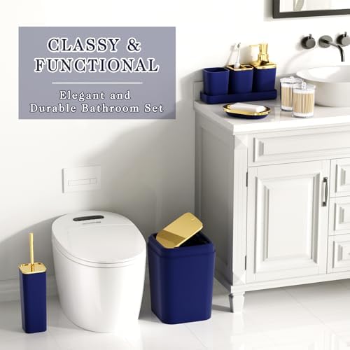 XLHOMO Bathroom Accessories Set - Luxury Blue Bathroom Set, 9 Pieces Bathroom Accessory Set, Navy Blue Bathroom Accessories with Trash Can, Toilet Brush & Soap Dispenser
