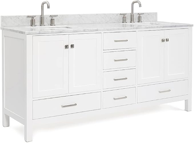 ARIEL Cambridge 72-inch Bathroom Vanity with Sink,Solid Wood, 0.75-inch Italian Carrara Marble Countertop, Double Rectangular Porcelain Sink, 4 Soft Closing Doors, 6 Dovetail Drawers, White