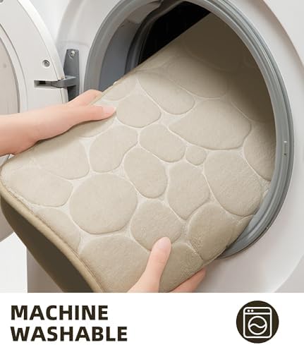 YIHOUSE Memory Foam Runner Rug, Cobblestone Bathroom Runner Rugs Super Water Absorbent Bath Mats for Bathroom Machine Washable Bath Rugs for Hallway Bedroom Laundry Room(20 x 47,Khaki)